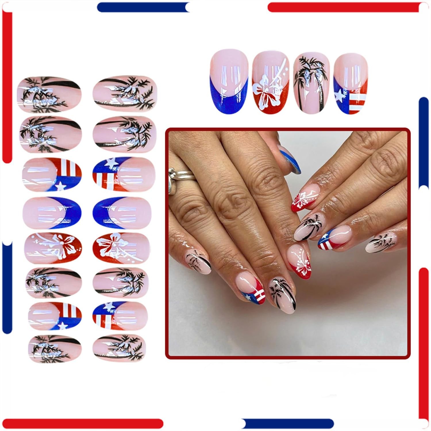 4th of July Press on Nails Tropical Palm Tree Flower Red White Blue Patriotic…