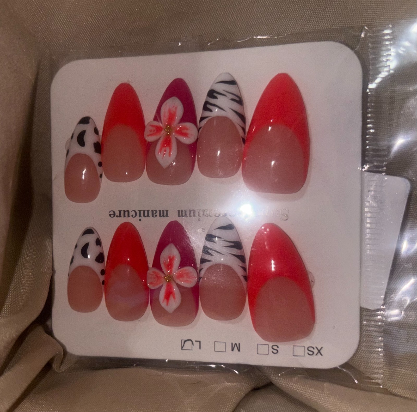 Animal Print French Tip Press On Nails Red 3D Flower Trendy Almond Fake Nails