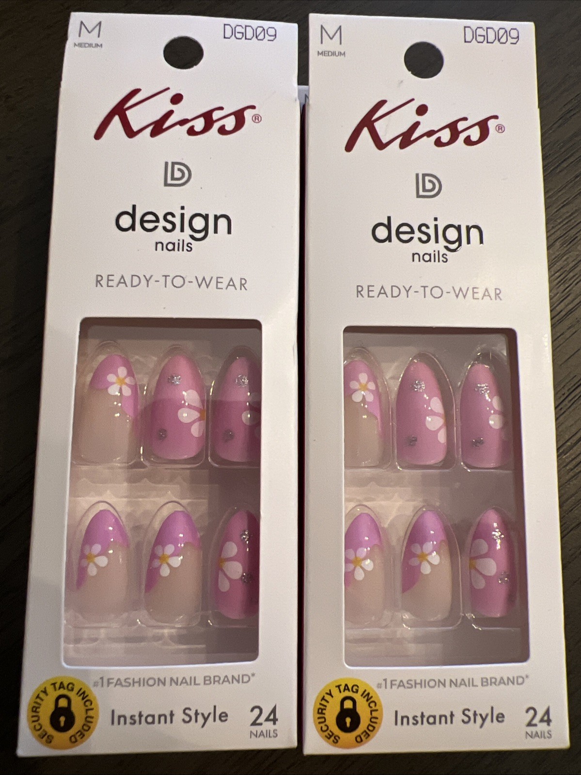 2x~Kiss Design Ready To Wear Glue Nail~Medium Almond Shape~Pink Flowers Glitter