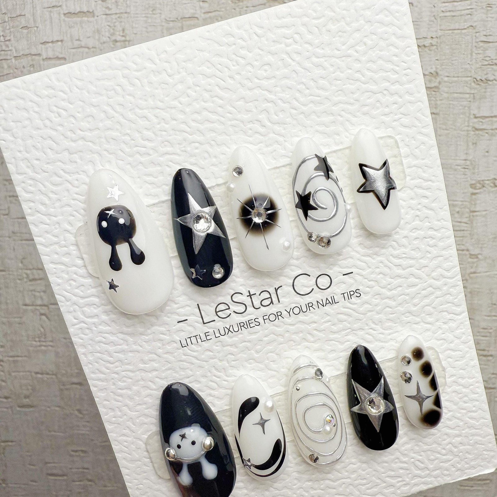 Custom Handmade Ghost Star Rhinestone Swirl Long Almond Press on Nails