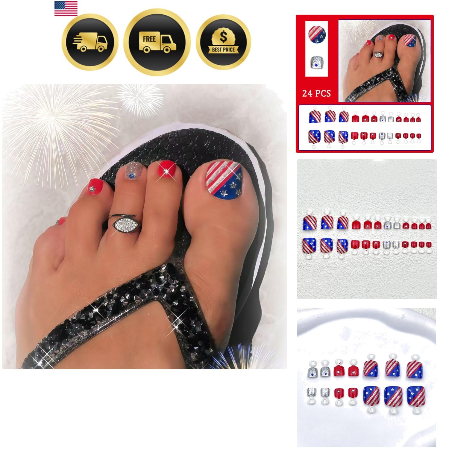 Independence Day Glitter Stripe Press-On Toenails Short Square False Toenails…
