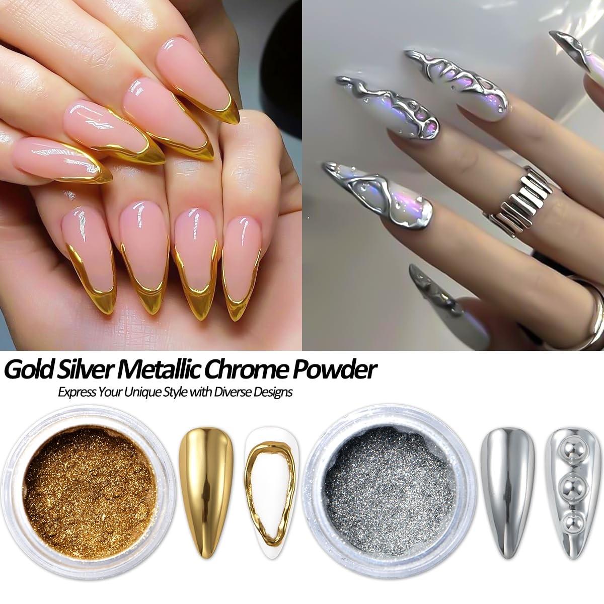 Chrome Nail Powder Metallic Gold And Sier, Magic Mirror Effect Pient
