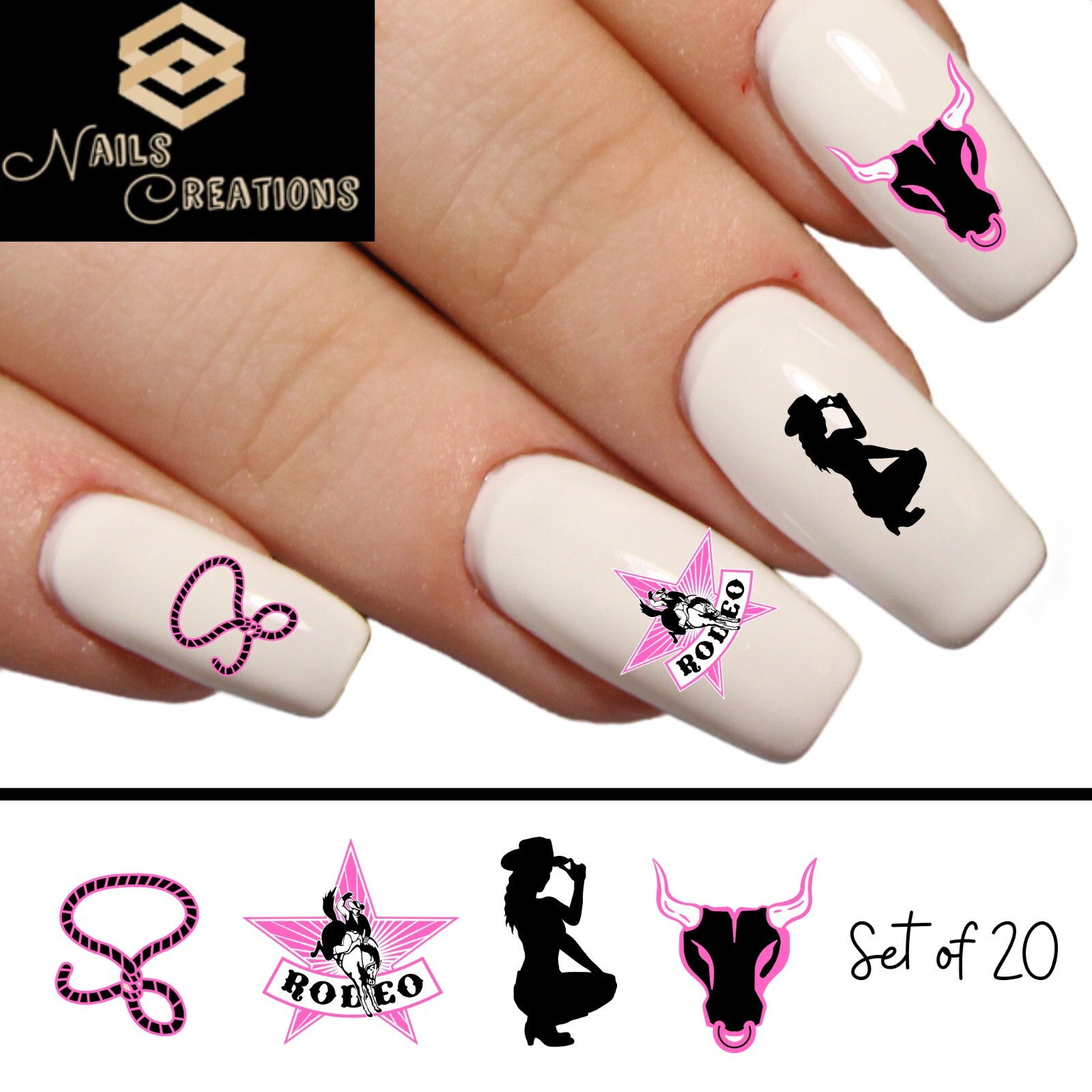 Western Bull Riding Rodeo Waterslide Nail Art Stickers Decals Set of 20