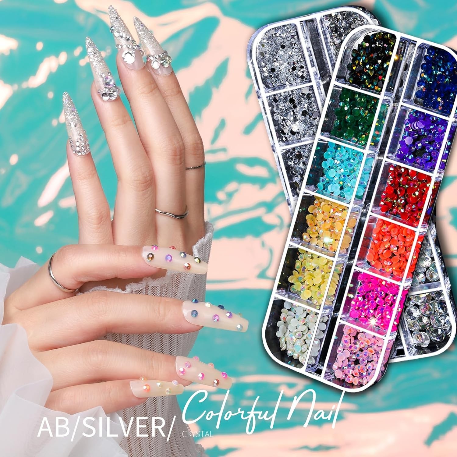All-in-One Nail Art Charm Kit with Gold Stickers and Colorful Rhinestones