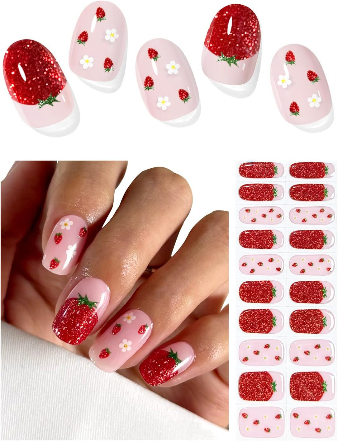 Semi Cured Gel Nail Strips (Glitter Strawberry), 20 Pcs Gel Nail Wraps, Stickers