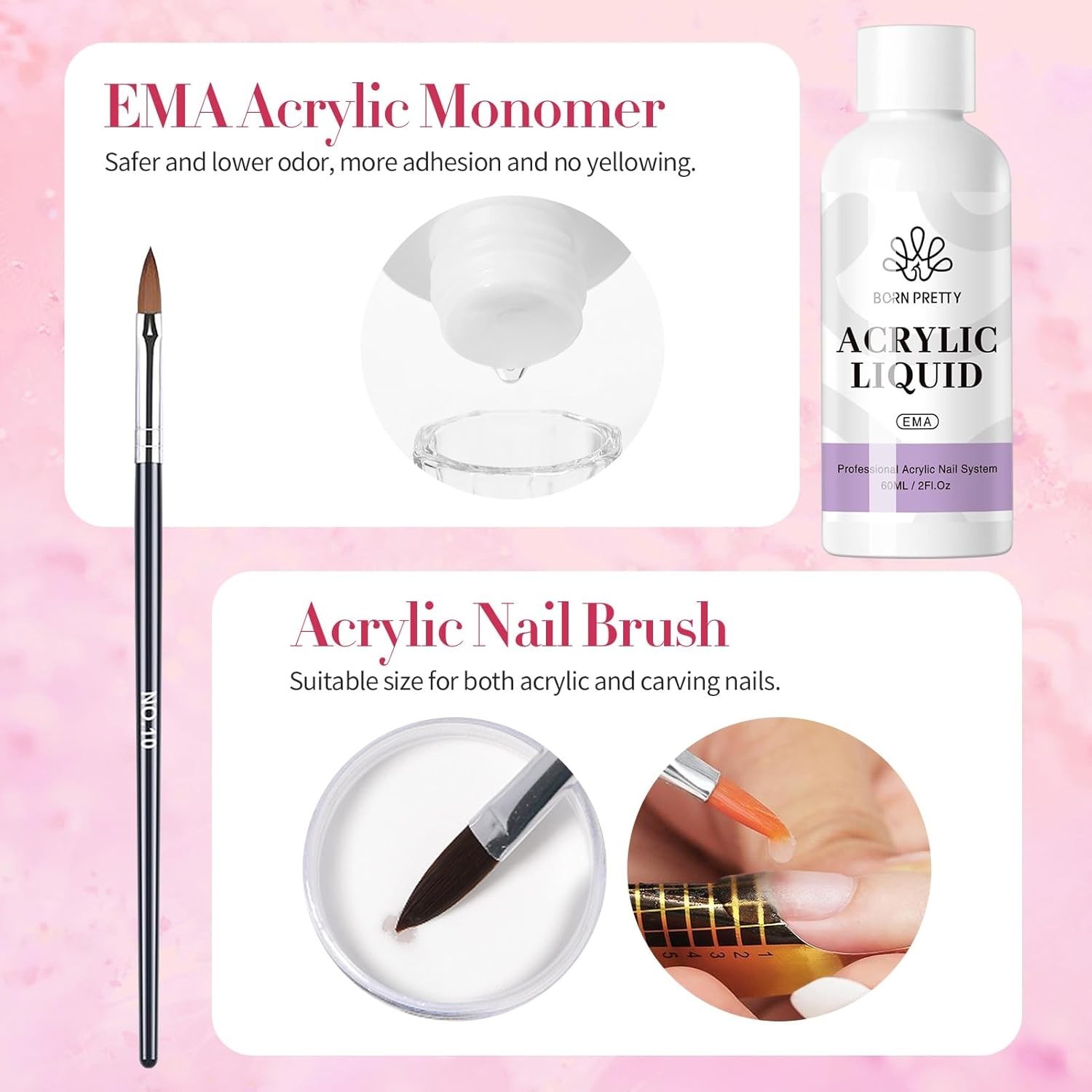 Luxury Acrylic Nail Kit: Pink, White, Clear Powder & Monomer for 40 Perfect Tips