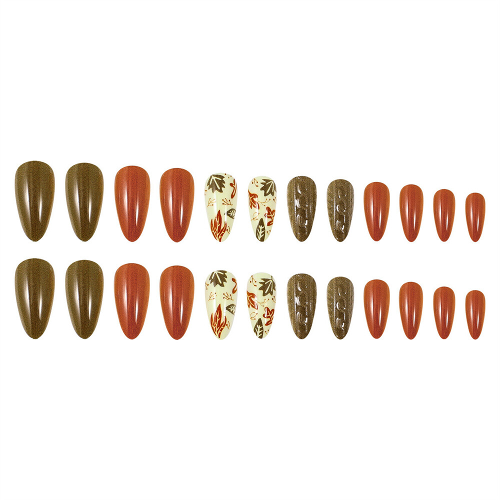 Short Almond Press-On Fake Nail Maple Leafs Thanksgiving Day Fall Manicure 24pcs