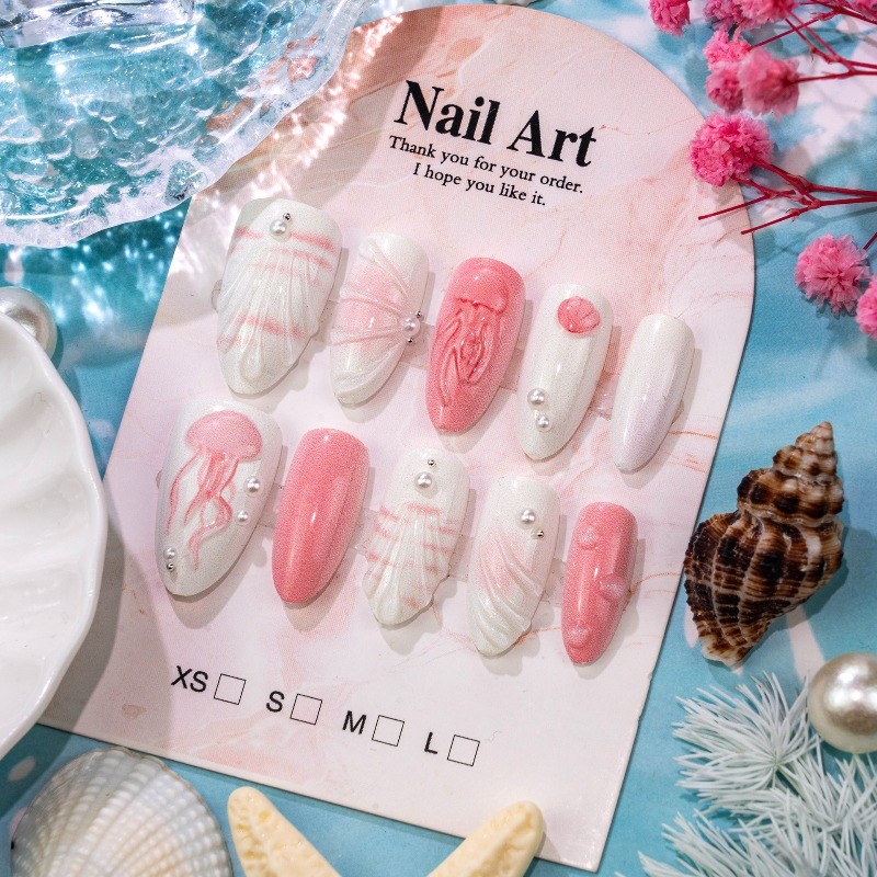 30pcs-Press on Nails Nude Pink Jellyfish Print Pearl Water Drop Almond Nail Set