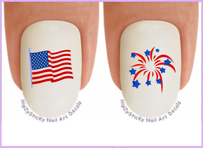Nail Art J707 July 4th Wavy Flag Fireworks Stars Waterslide Nail Decal Transfers