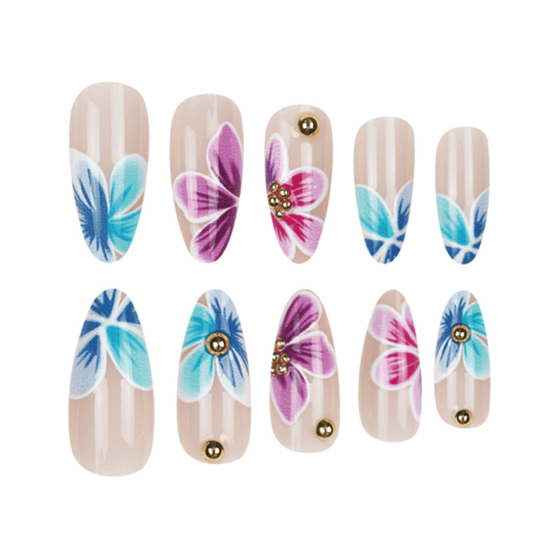 48pcs Almond Press on Nails,Nude White French Blue Purple Flower Gold Bead Nails
