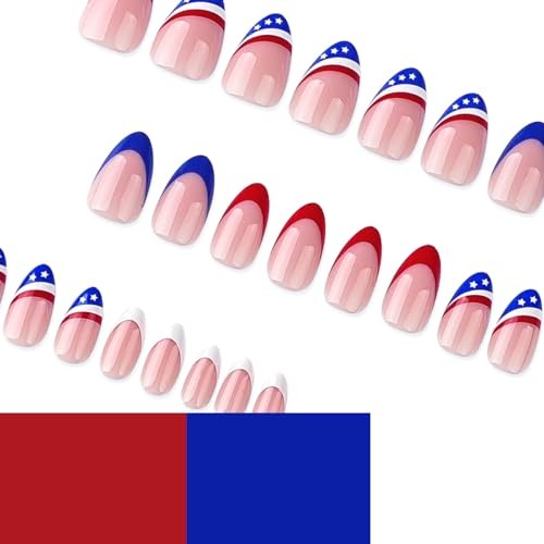 4th of July Press On Nails Blue Red Almond 24Pcs