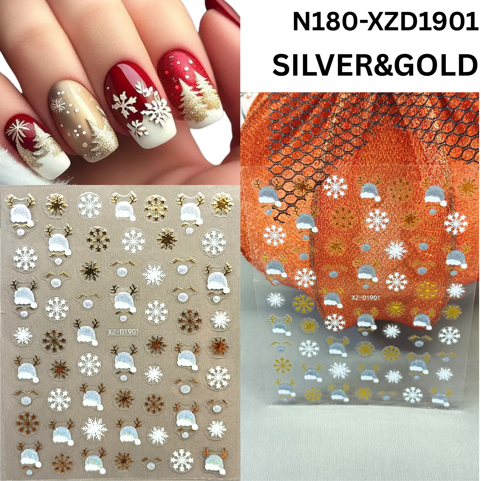 Holiday Nail Stickers 3D Set – 12 Sheets Xmas Reindeer & Snowflake Decals