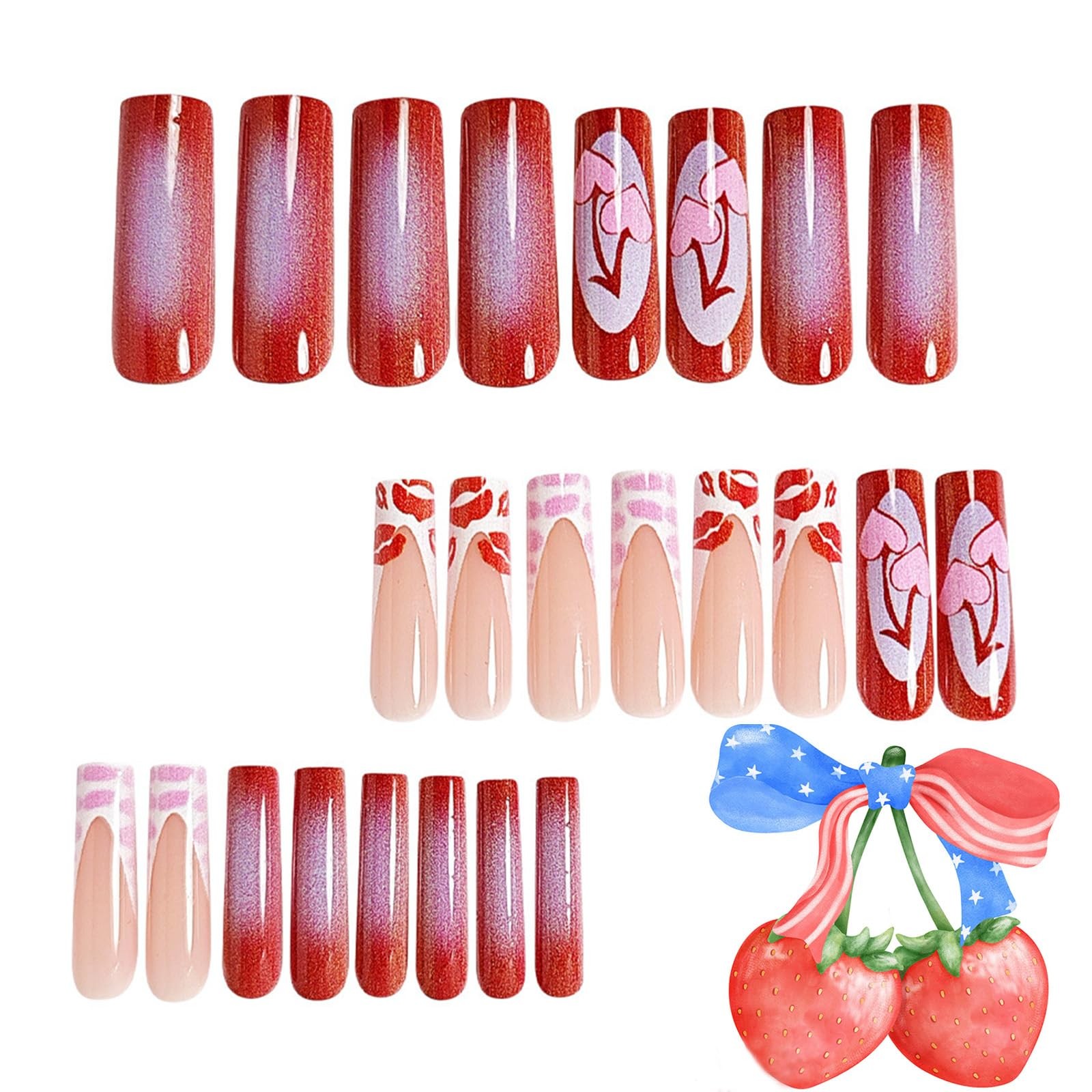 Long Press on Nails French Tip Square Fake Nails with Love Cherry Lip Print D…
