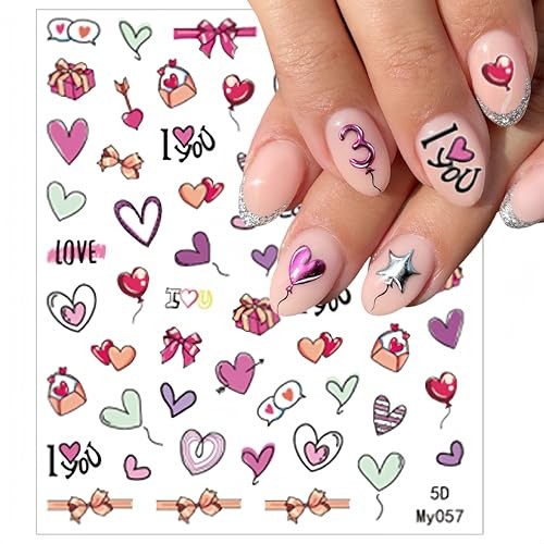 3 Sheets Valentine’s Day Nail Art Stickers Colorful Heart Nail Decals 5D heart