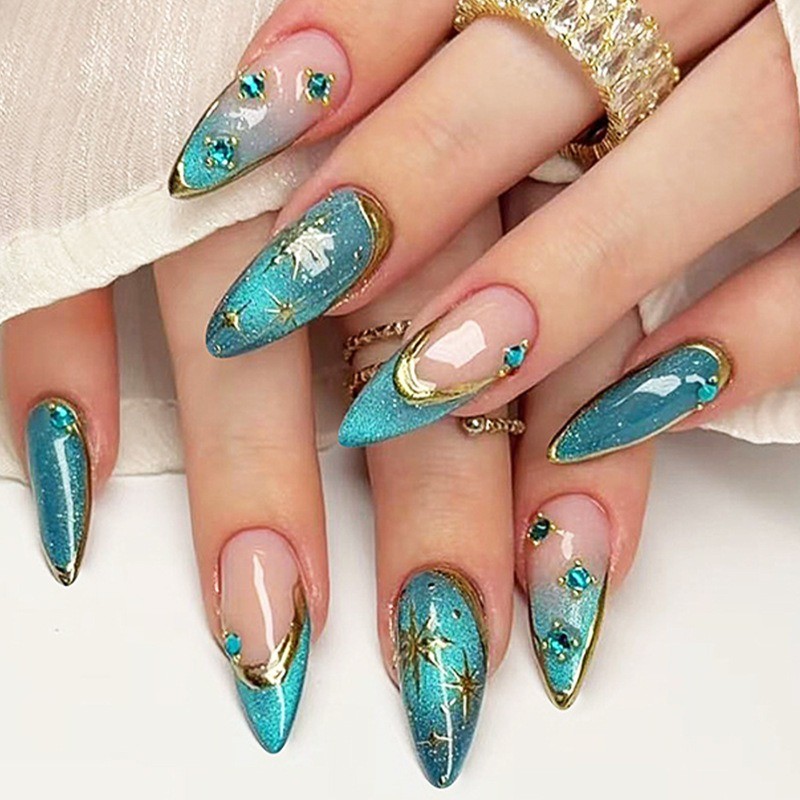 48Pcs-Glossy Nude Press on Nails Teal Cat Eye Gold Trim Star Long Almond Nails