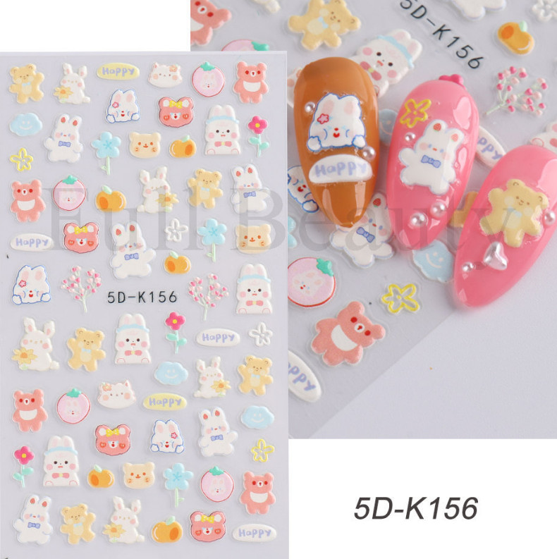 5D Nail Stickers Rabbit Puppy Bear Flower Cat Decal Nail Art Decoration DIY NS25
