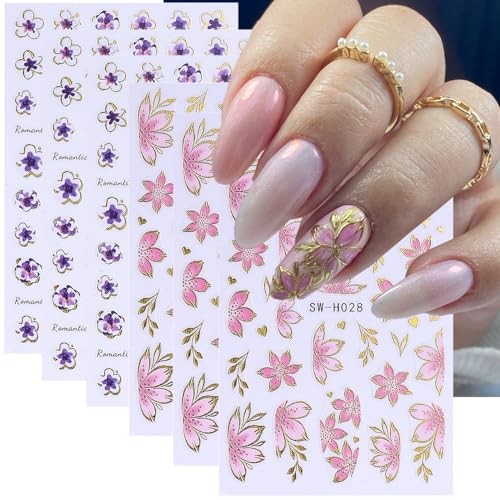 Flower Nail Art Stickers Decals 3D Pink Flower Nail Stickers Self style6