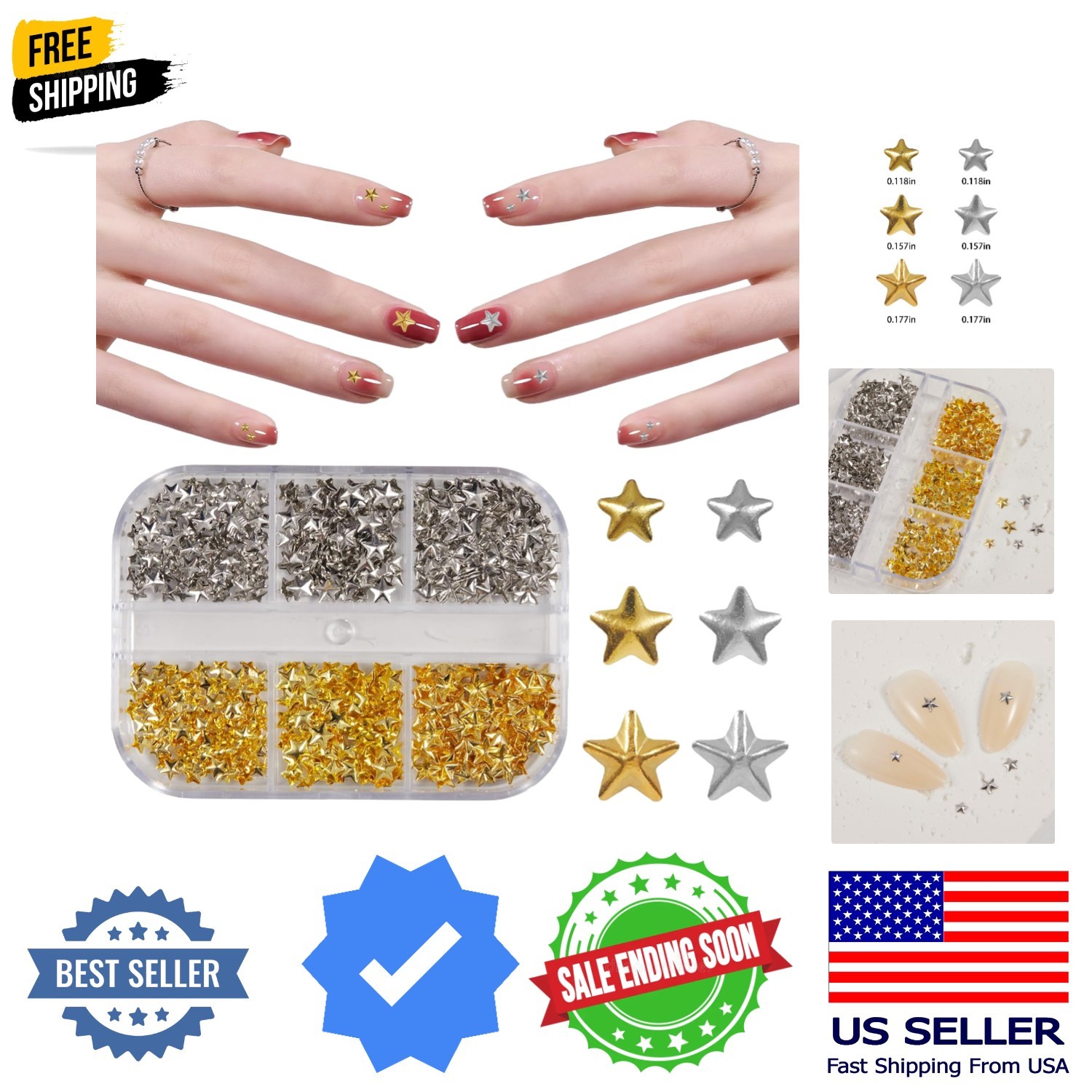 300pcs Stars Charms for Nails, 3D Gold and Silver Stars Nail Charms 1 Box 3D …