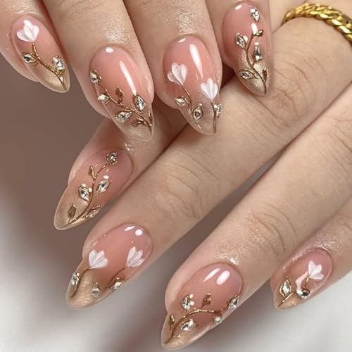 30Pcs 3D Flower Press on Nails Almond Medium Chrome Rhinestones Glitter Designs