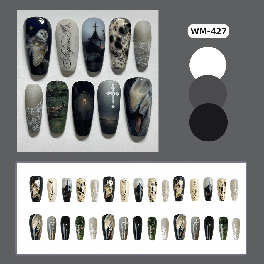 48pcs Long Taper Press on Nails, Dark Church Owl Cross Gothic Vintage Nails