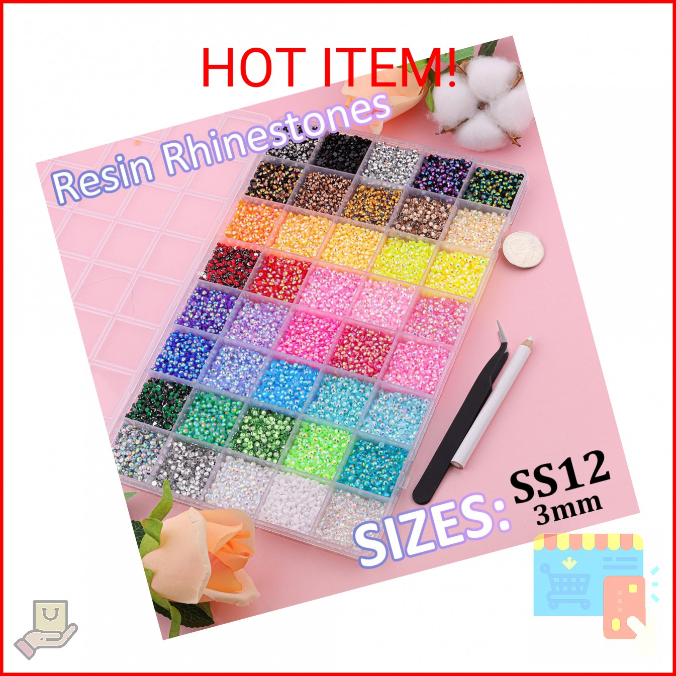 50000Pcs 40 Colors Jelly Rhinestones for Bedazzling, 3mm Multicolor Resin Flatba