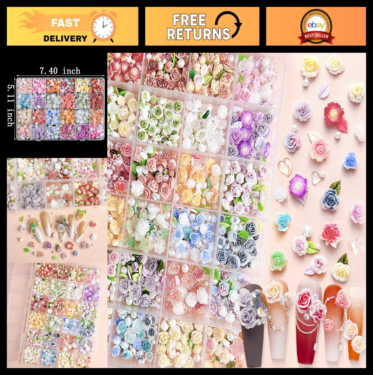 Colorful Flower Nail Charms Set – 24 Mixed Floral Decor with Pearl Leaves & Resi