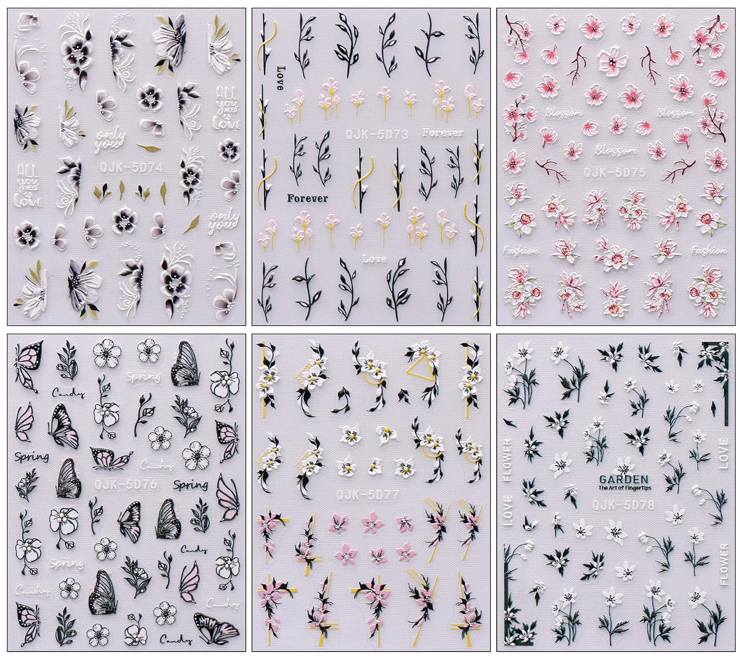 6 Sheets 3D Embossed Spring Flower Nail Art Stickers Decals Self-Adhesive