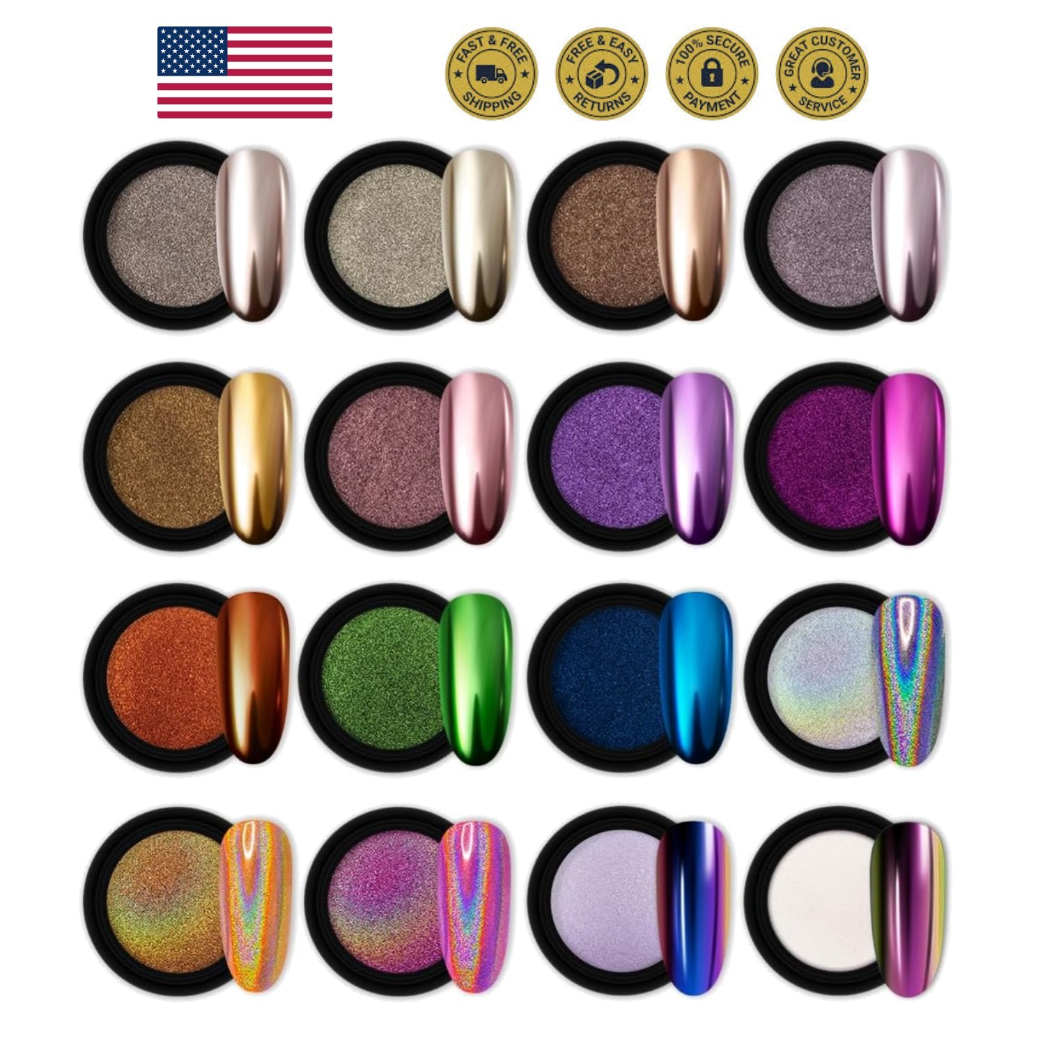 16 Jars Chrome Nail Powder Nail Art Fimo 1g/Jar Gold Mirror | Striping Tape L…