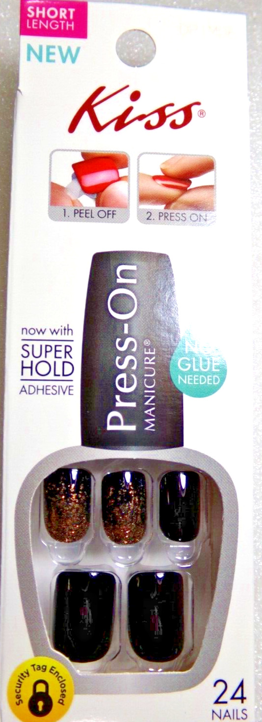 Kiss Press On Nails Shiny Black with Copper Glitter Accents Short