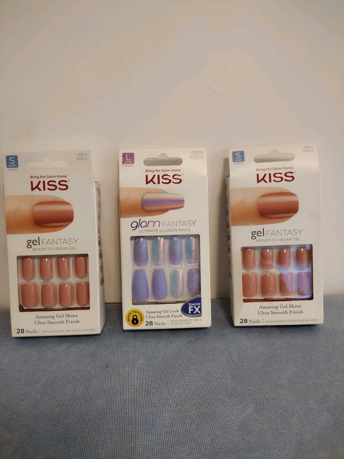 3 Packs KISS gel FANTASY Nails, 2 pks. Short & 1 pk. Long 28 each box w/ glue