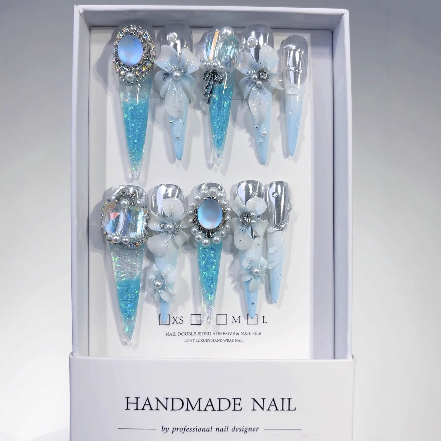 10Pcs Liquid Sand 3D Carved Long Stiletto Press On Nails Waterproof Party Nails