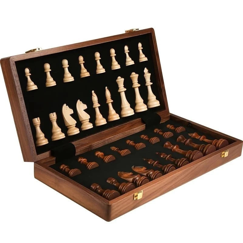 15″ Folding Walnut Chess Set with Storage 15 inches by 15 inches, Walnut/Tan