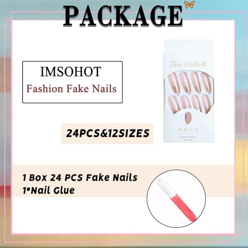Square Press on Nails Long Fake Nails Gold Glitter French Tips 77-A14Golden