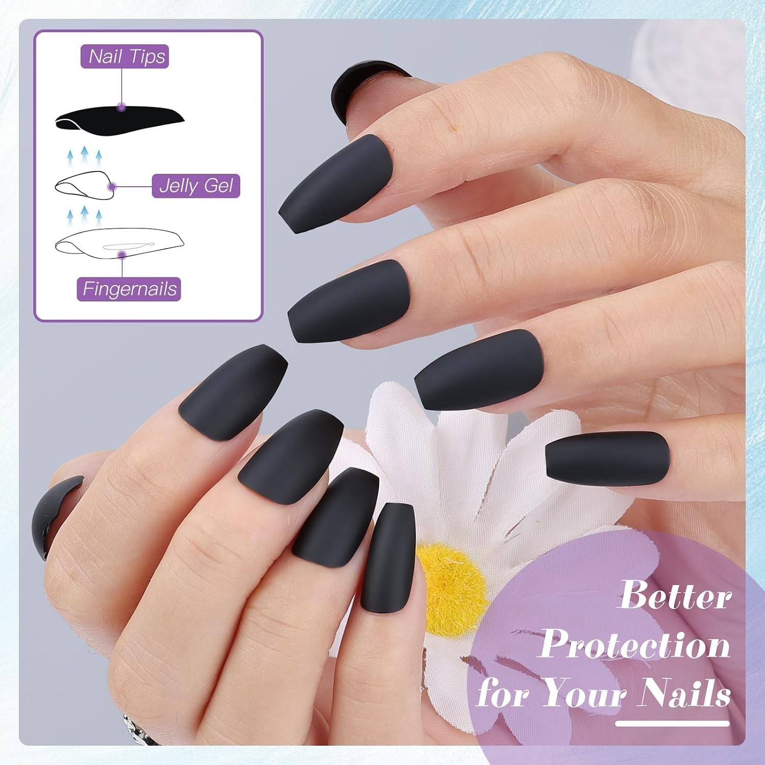 Glamorous 24PCS Acrylic False Nails – Black Matte Finish for Easy Application