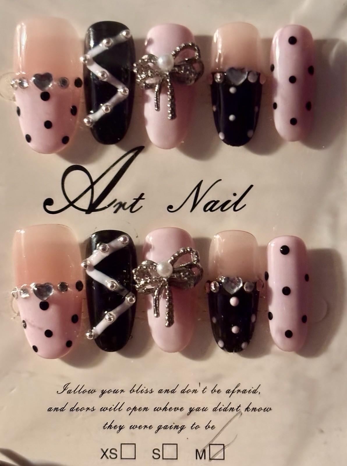 Art Nail Pink/Black 3D Press-On Nails Coffin Full Cover Bow Nail Art Medium