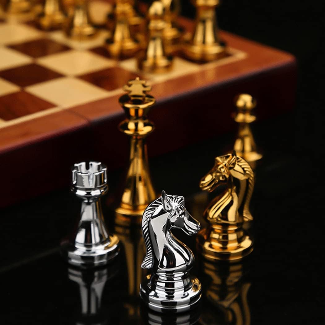11Inch Large Deluxe Metal Chess Set – Portable Wooden 11 inches, Silver Gold