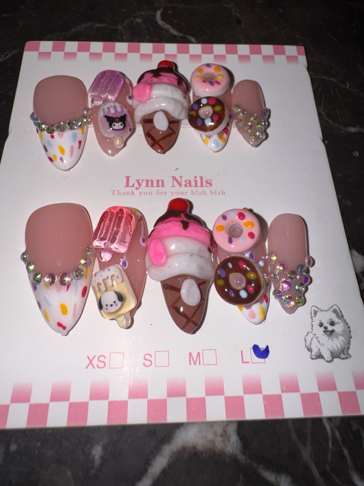 Handmade Medium Almond Press On Nails 3D Ice CreamPink Bling Rhinestone Reusable