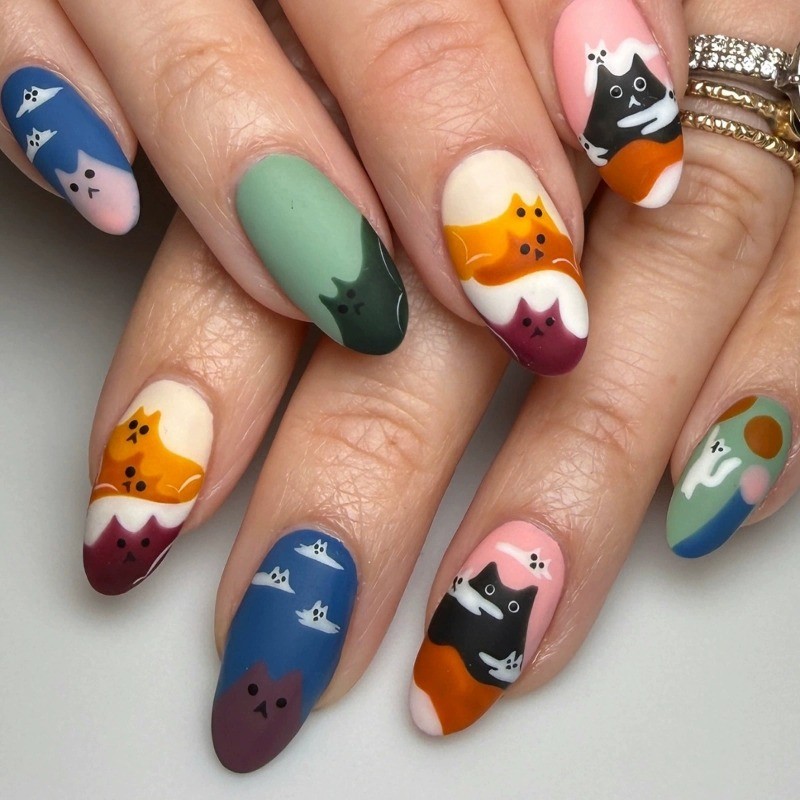 48 Pieces of Colorful Cat Nails, Medium Length Almond Shaped Soft Color Nail Art