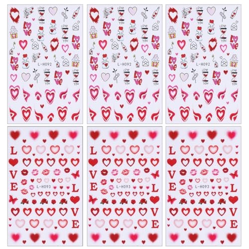 6 Sheets Red Heart Nail Stickers for Nail Art Valentines Nail Art Stickers 3D