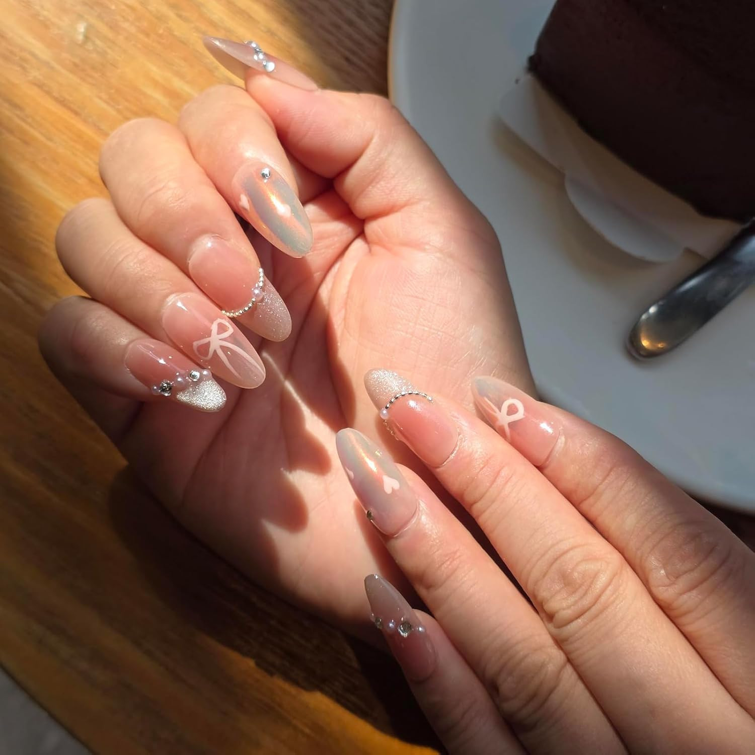 Pink Cat Eye Press on Nails – Valentine‘S Day Gifts for Her, Almond Medium with