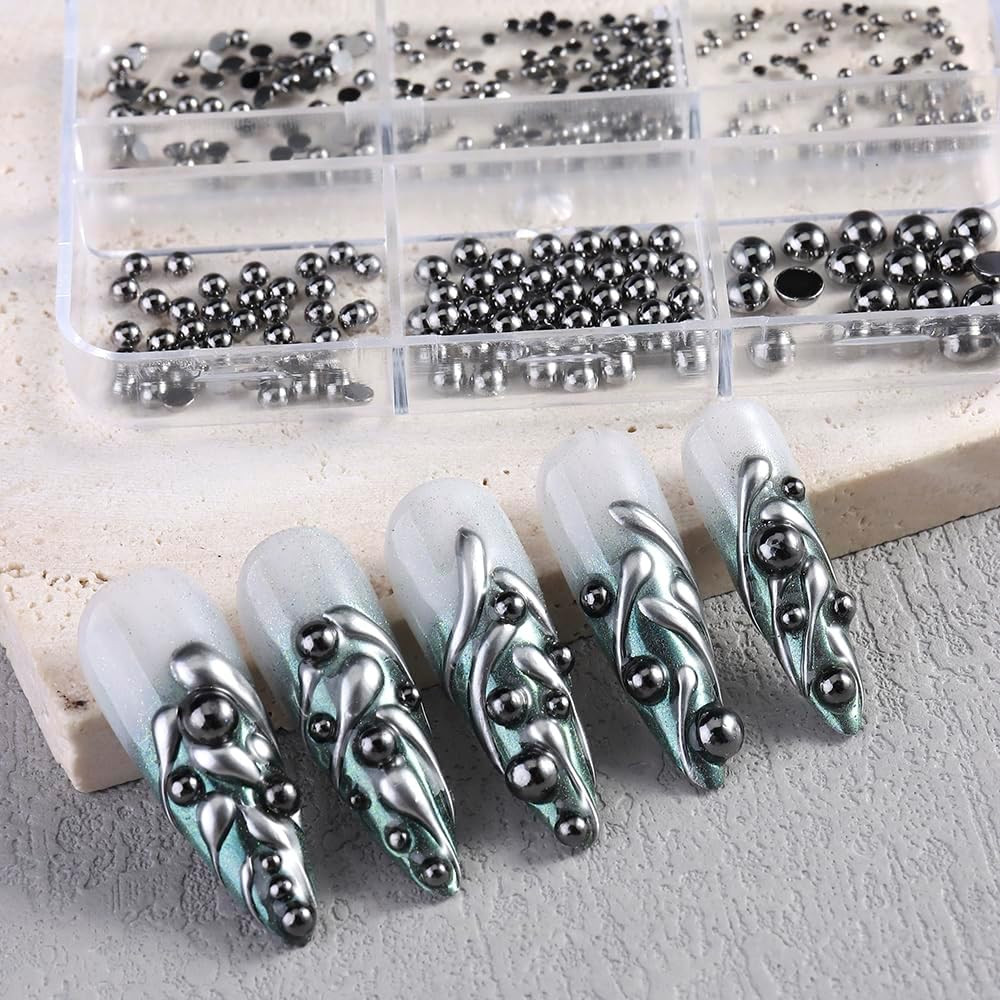 Mixed Sizes Half round Steel Beads 3D Nail Charms, Black Flatback Metal Caviar B