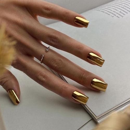 Light Gold Chrome Press on Nails Short Medium Square, Mirror False gold-medium