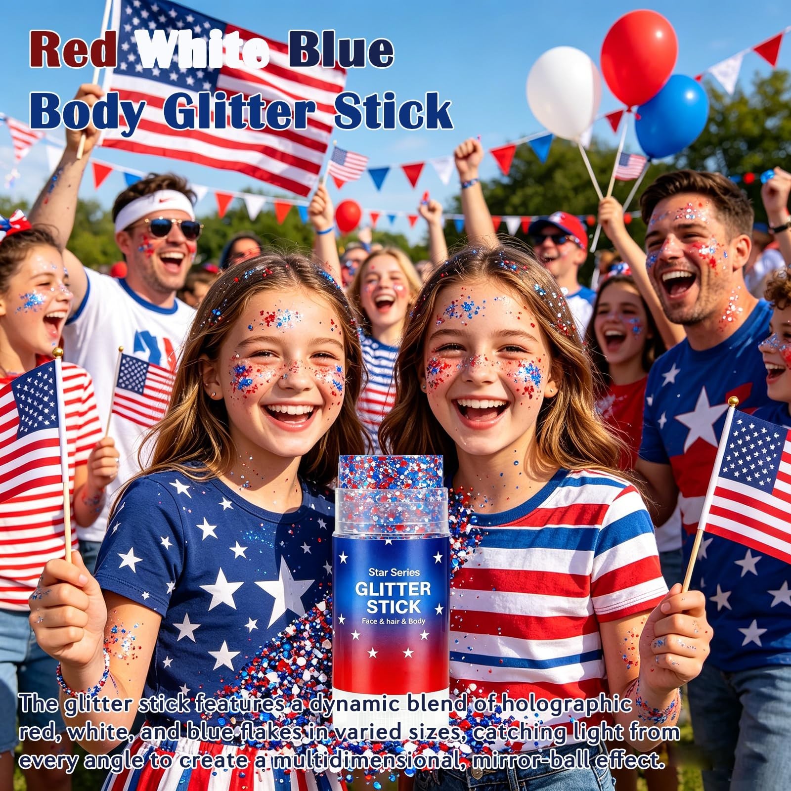 4th of July Body Glitter Stick – Red White Blue Star Face & Hair Glitter for Kid