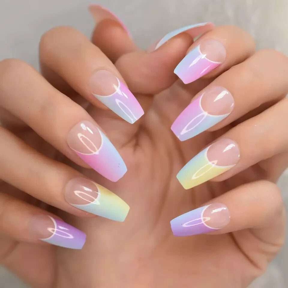Colorful French Ombre Medium Coffin Press On Nails, Glue On False Set 24 pcs Kit