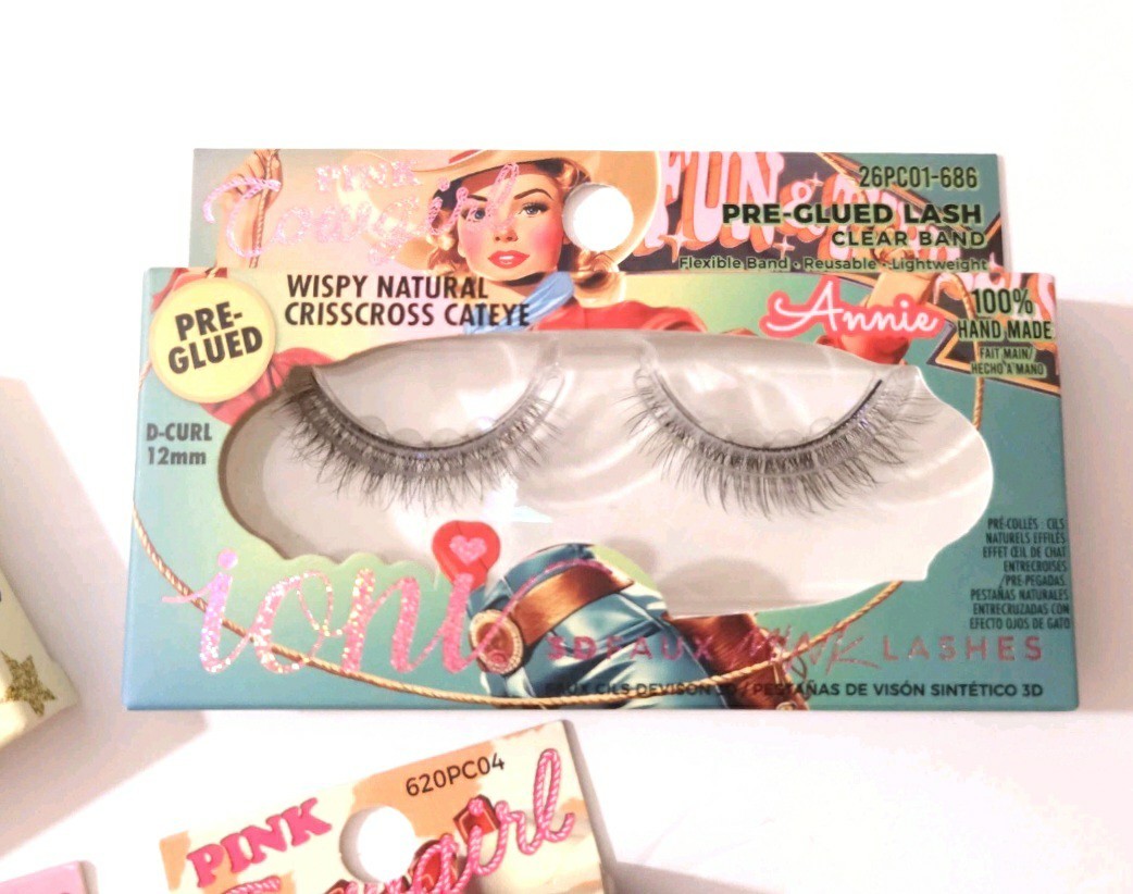 NIB Ioni Pink Cowgirl Press On Nails & 3D Mink Half Lash Handmade Eyelashes Set