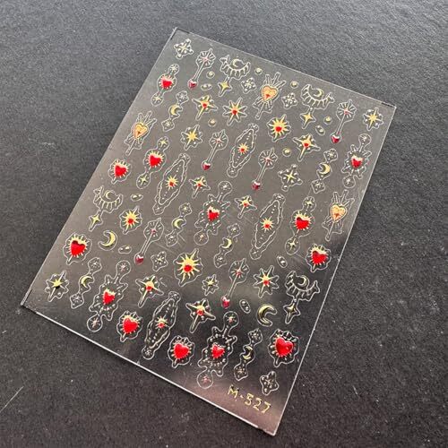 5D Embossed Gold Star Nail Stickers Red Heart Nail Decals Star Moon Style-23