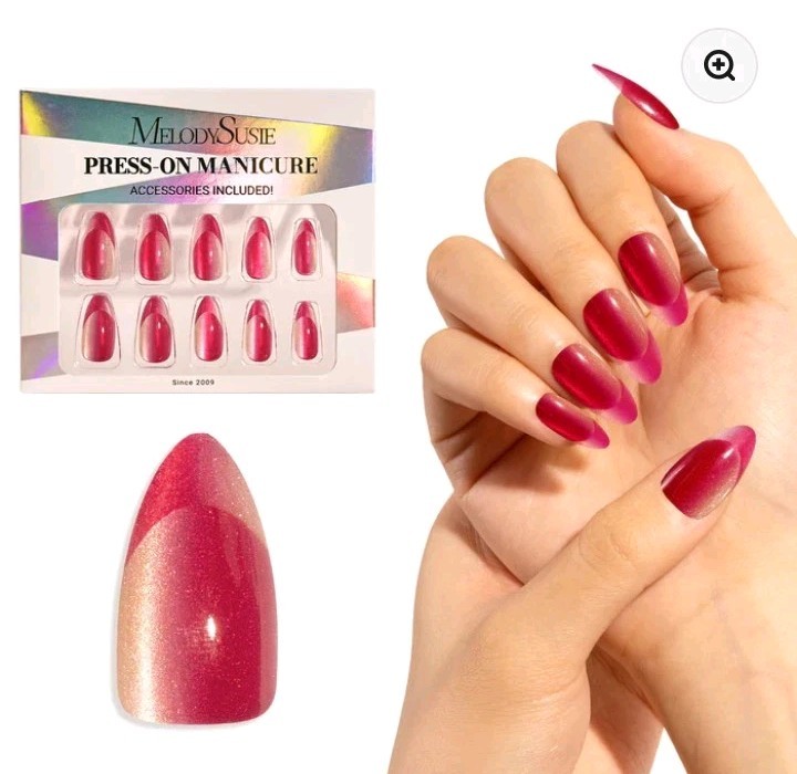 2x Melody Susie Nail Lot: Red Cats Eye Finish+ Green Deco Press On Kit