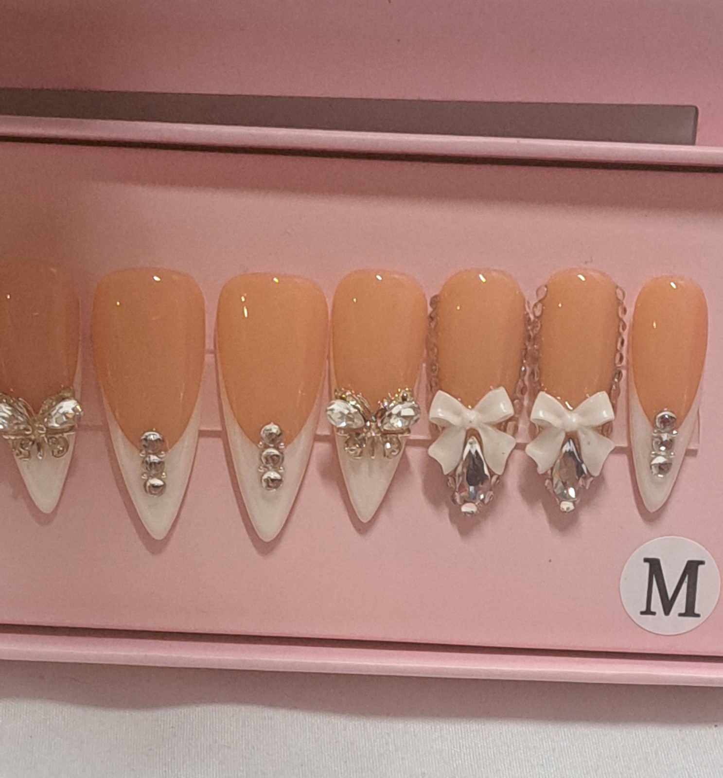 Handmade Stiletto Press On Nails Nude White French Tip Bow Rhinestone Bling