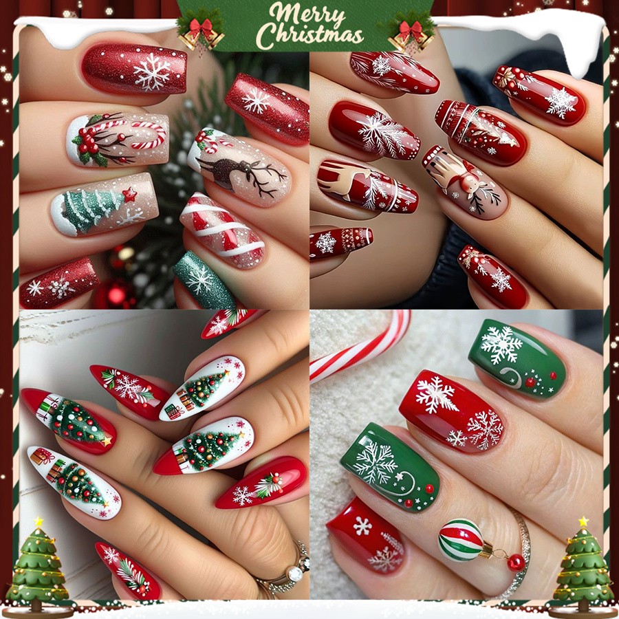 96pcs Christmas Press-on Nails Reindeer Tree Candy Cane Holiday Party Nails