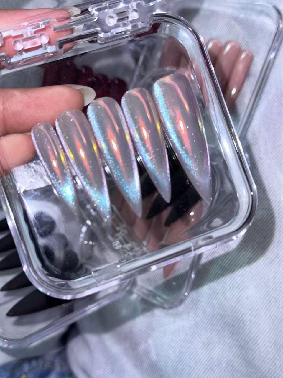 Custom Handmade Silver Holographic Chrome Long Stiletto Press on Nails